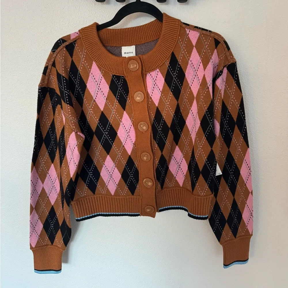 Anthropologie Argyle Button-Up Sweater - Pink, Brown, Black - Picture 1 of 4